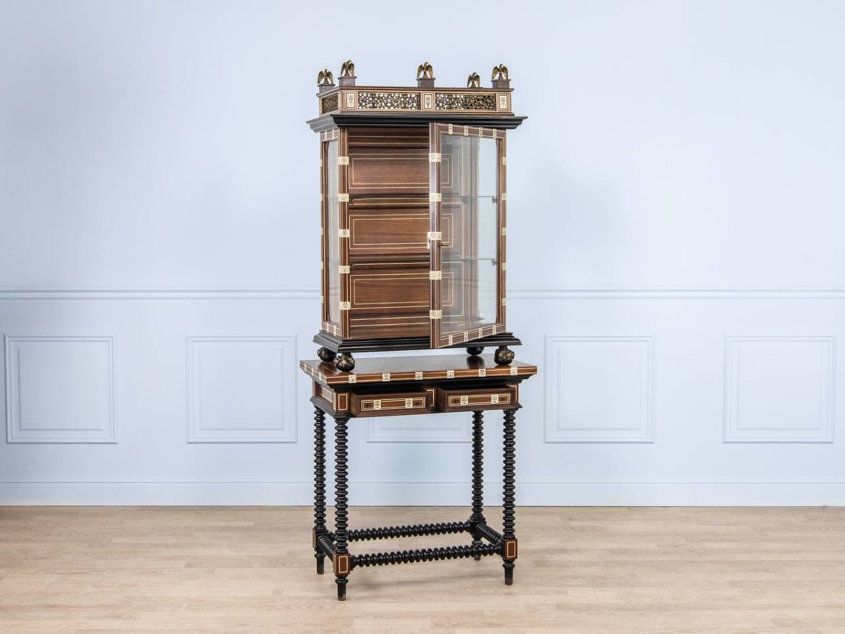 Baroque Style Wooden Display Cabinet With Marquetry And Engraved Ivory Plaques
