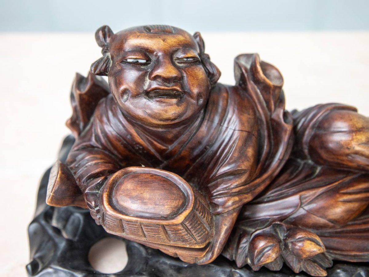 The Laughing Buddha, A Reclining Figure Carved In Hardwood From The Meiji Period.-photo-4