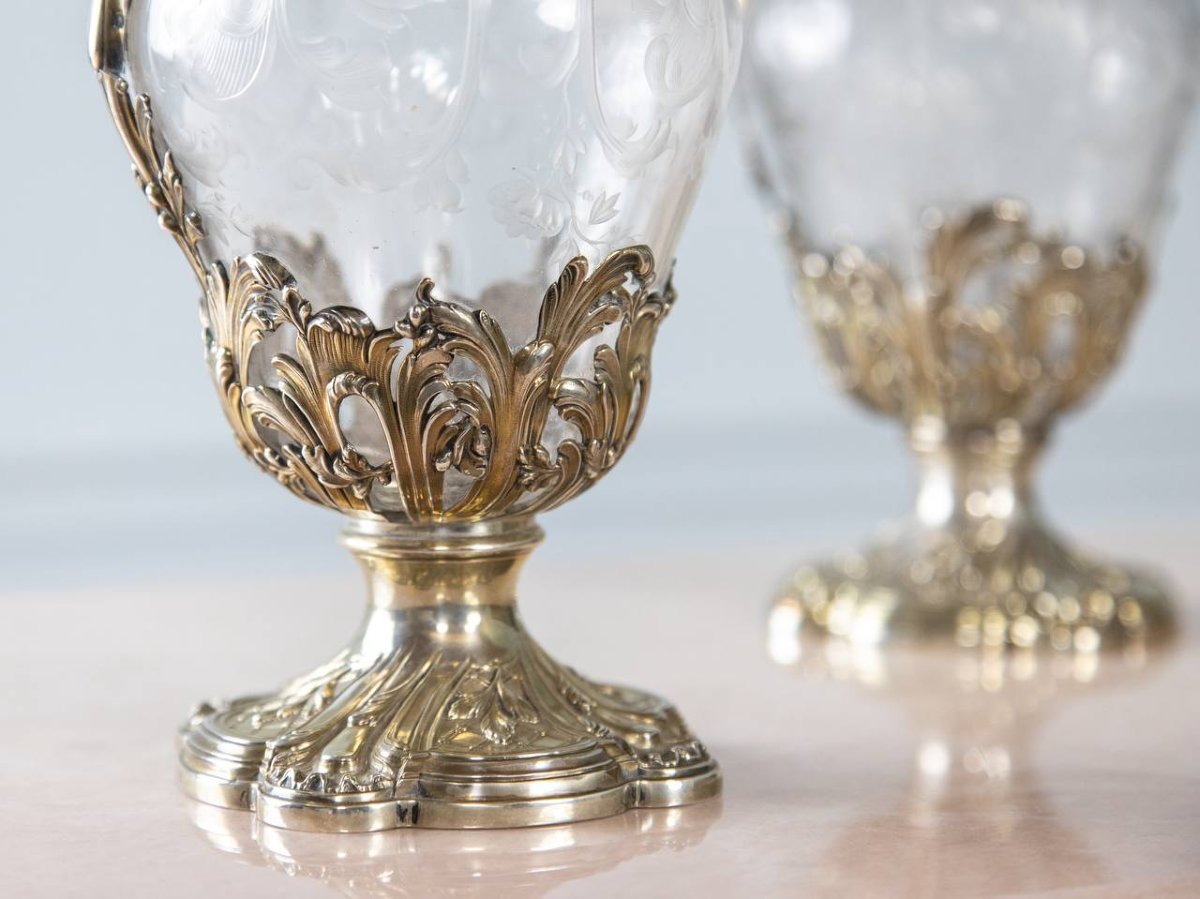 Pair Of Silver And Crystal Ewers Or Carafes.-photo-2