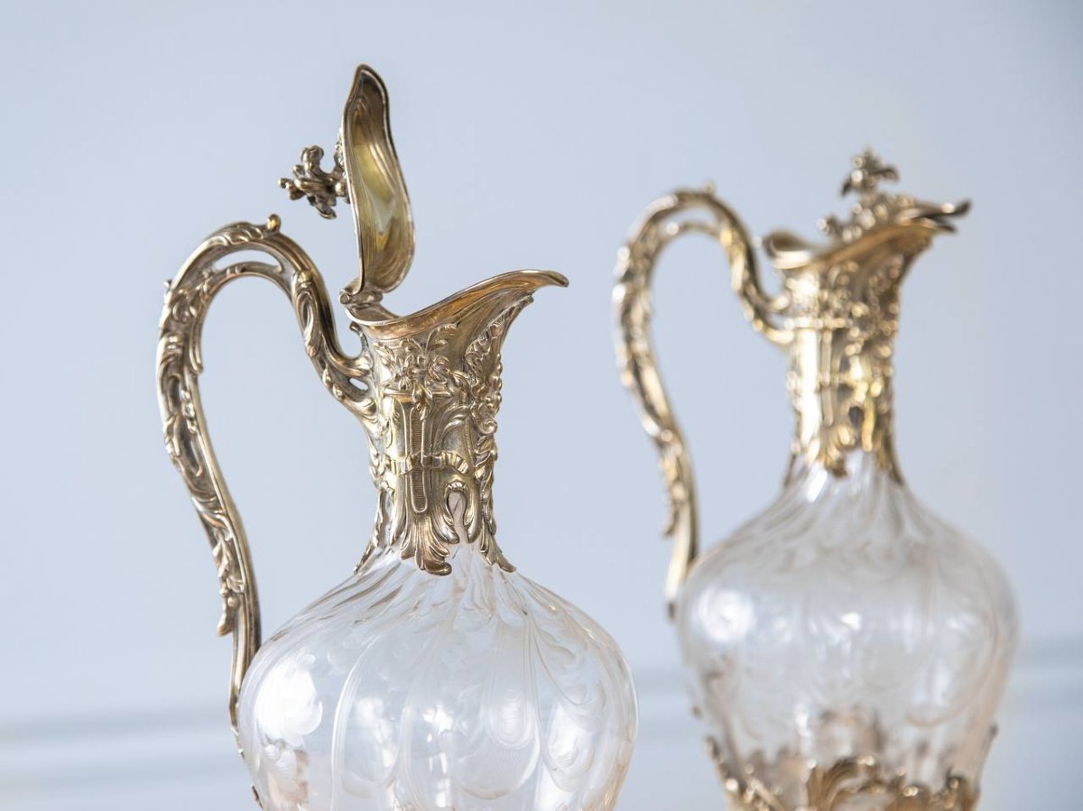 Pair Of Silver And Crystal Ewers Or Carafes.-photo-3