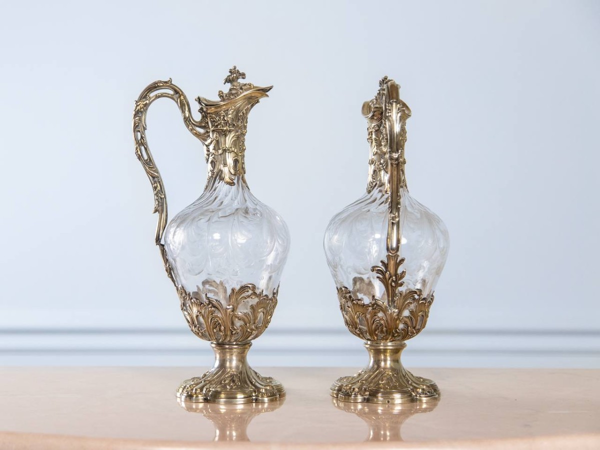Pair Of Silver And Crystal Ewers Or Carafes.