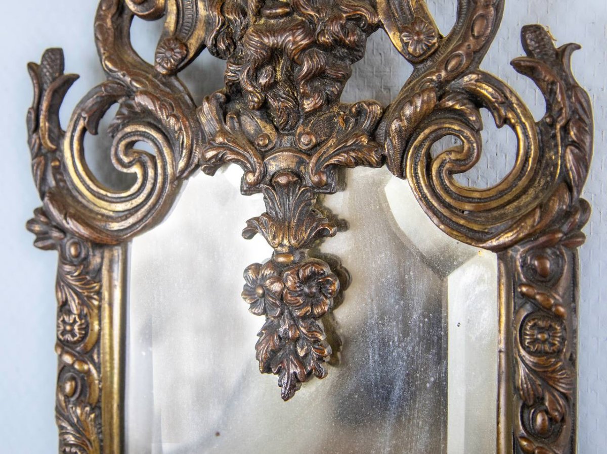Wall Lights Forming Mirrors, In Bronze With Five Arms, Decorated With Mascarons, Head Of Bacchus-photo-4