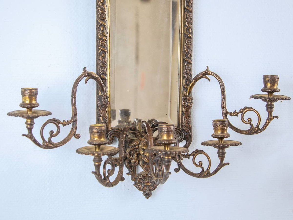 Wall Lights Forming Mirrors, In Bronze With Five Arms, Decorated With Mascarons, Head Of Bacchus-photo-1
