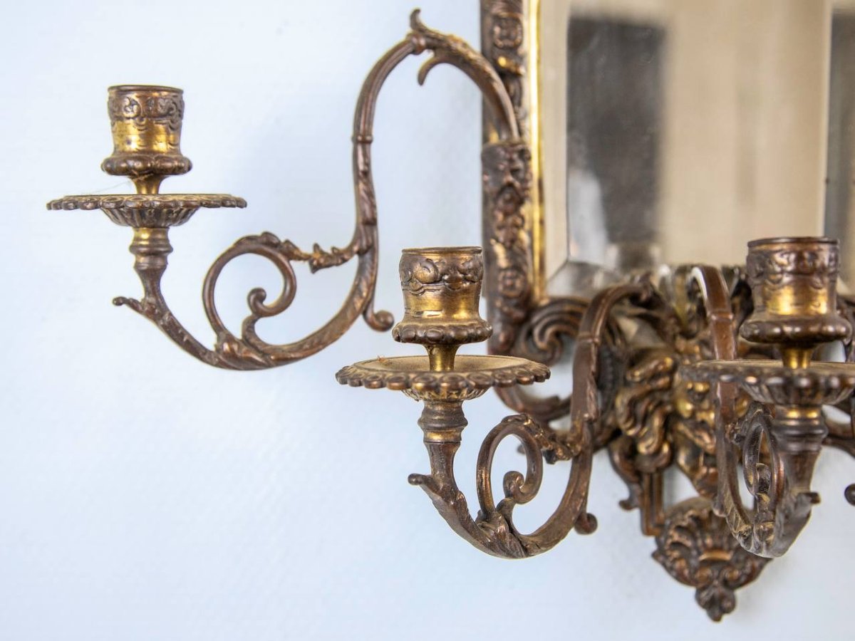 Wall Lights Forming Mirrors, In Bronze With Five Arms, Decorated With Mascarons, Head Of Bacchus-photo-2