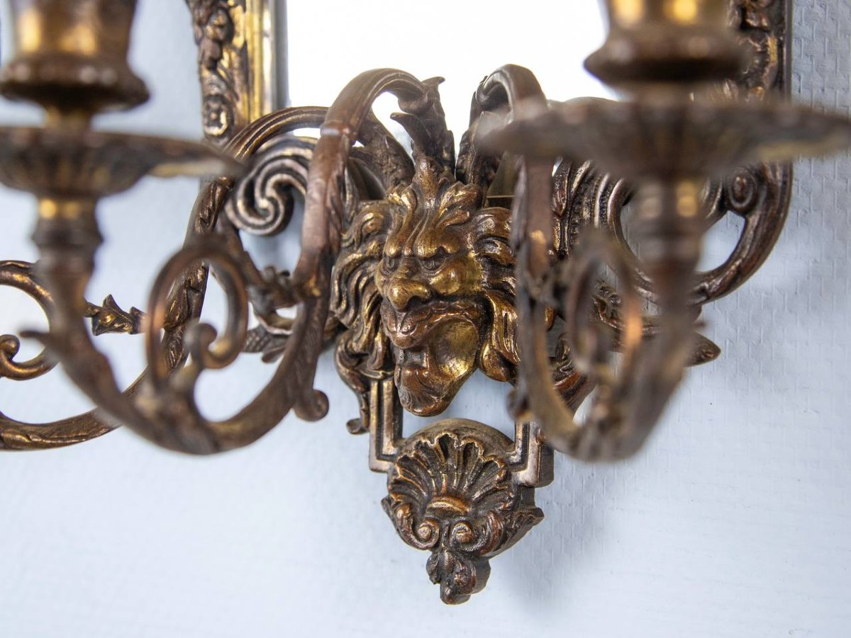 Wall Lights Forming Mirrors, In Bronze With Five Arms, Decorated With Mascarons, Head Of Bacchus-photo-3
