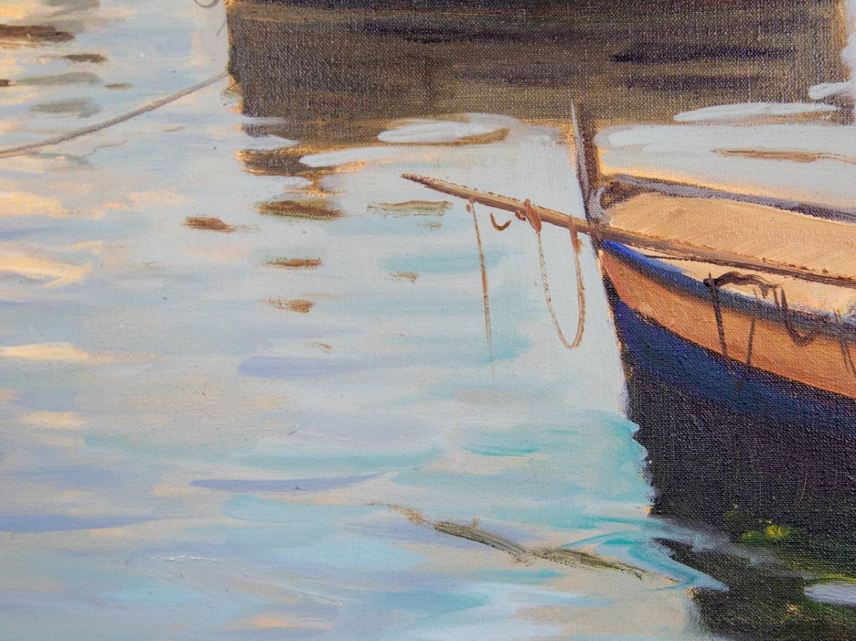 Mediterranean Fishing Port. Oil On Canvas Signed S. Castellano-photo-7