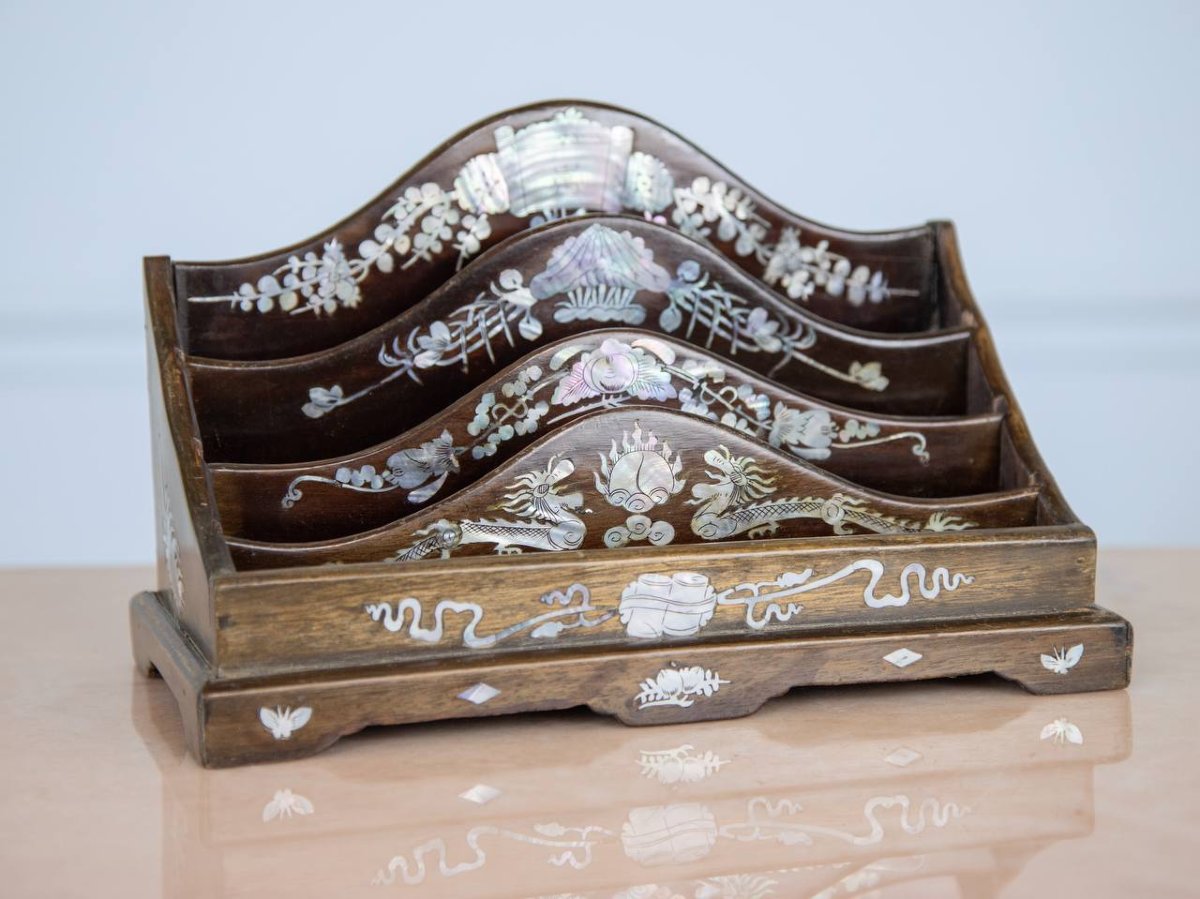 Porte-lettres Vietnamien En Bois Dur Incrusté De Nacre, à Décor De Dragons Et De Fleurs-photo-4