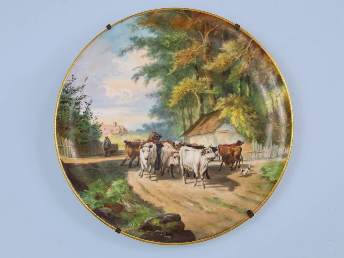 Plat,  Assiette Porcelaine De Paris Berger Et Vaches, Scène De Genre Campagnarde , Signé-photo-3