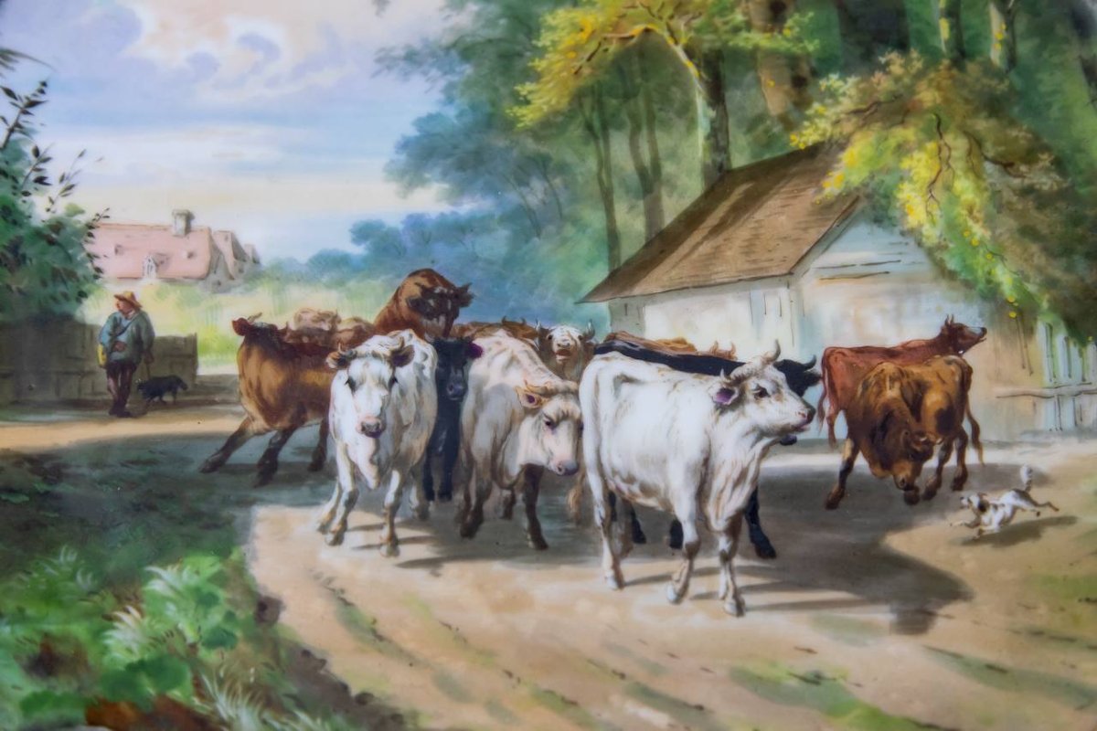 Plat,  Assiette Porcelaine De Paris Berger Et Vaches, Scène De Genre Campagnarde , Signé-photo-4