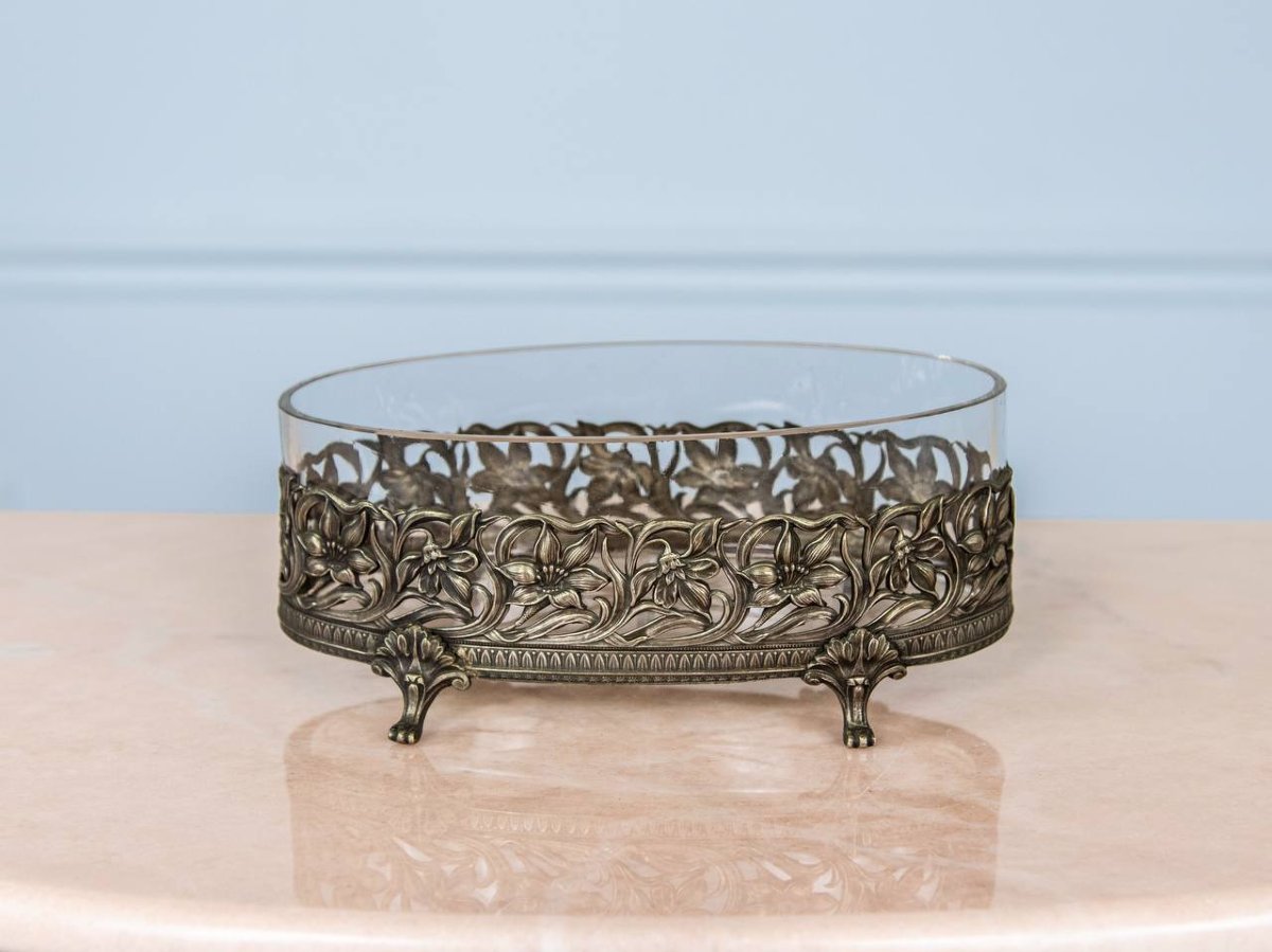 Centre De Table, Coupe , Jardinière, Vase Ancien Art Nouveau En Verre Et Métal-photo-3