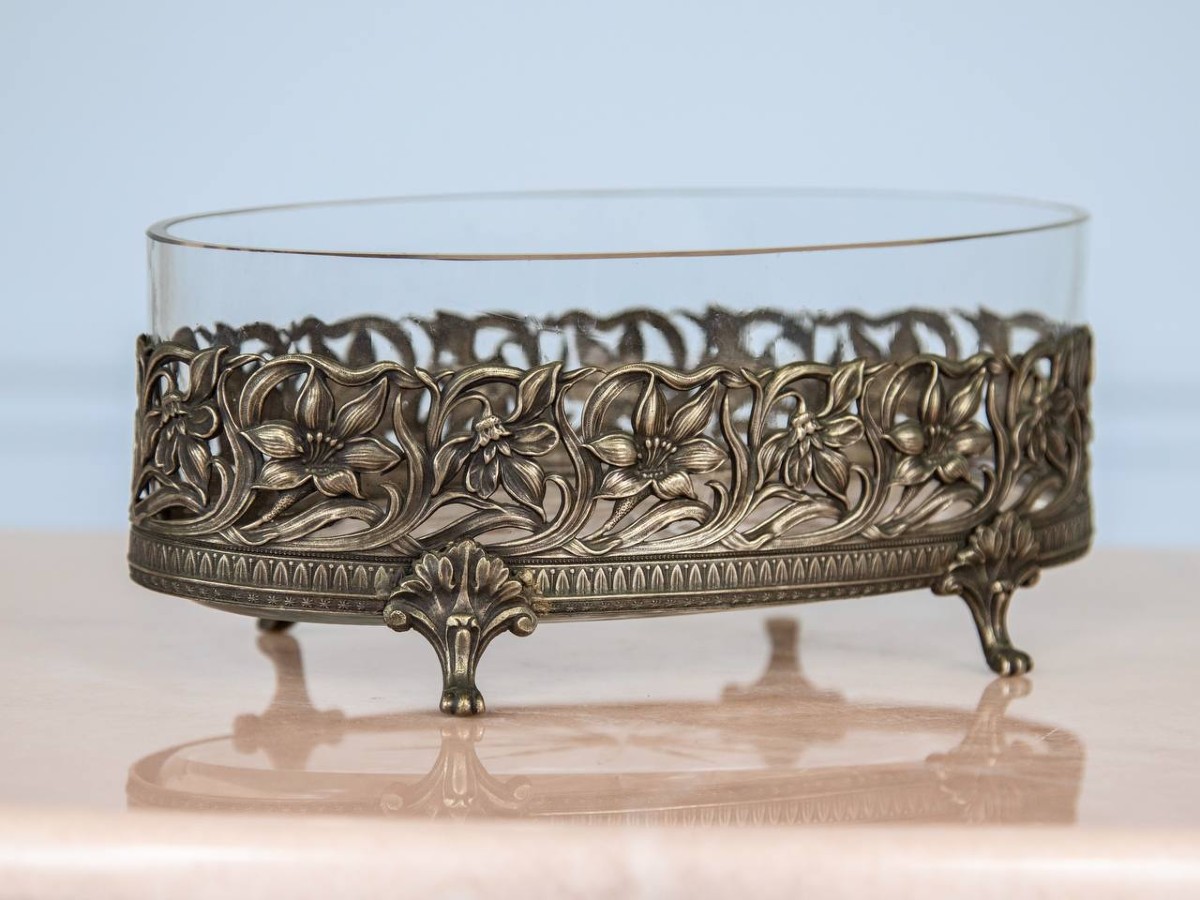 Centre De Table, Coupe , Jardinière, Vase Ancien Art Nouveau En Verre Et Métal