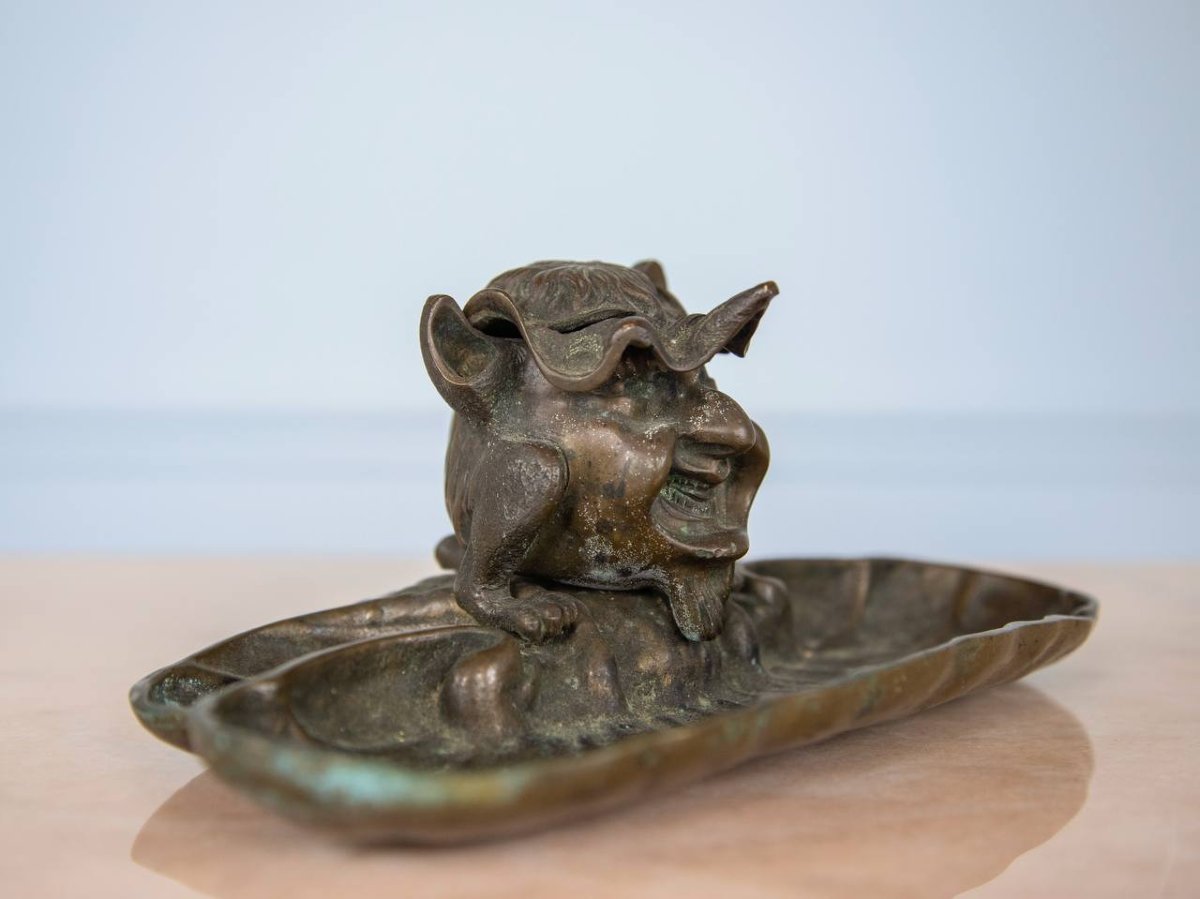 Encrier De Bureau En Bronze , Sculpture Gothique, Diable, Gobelin, Gargouille-photo-2