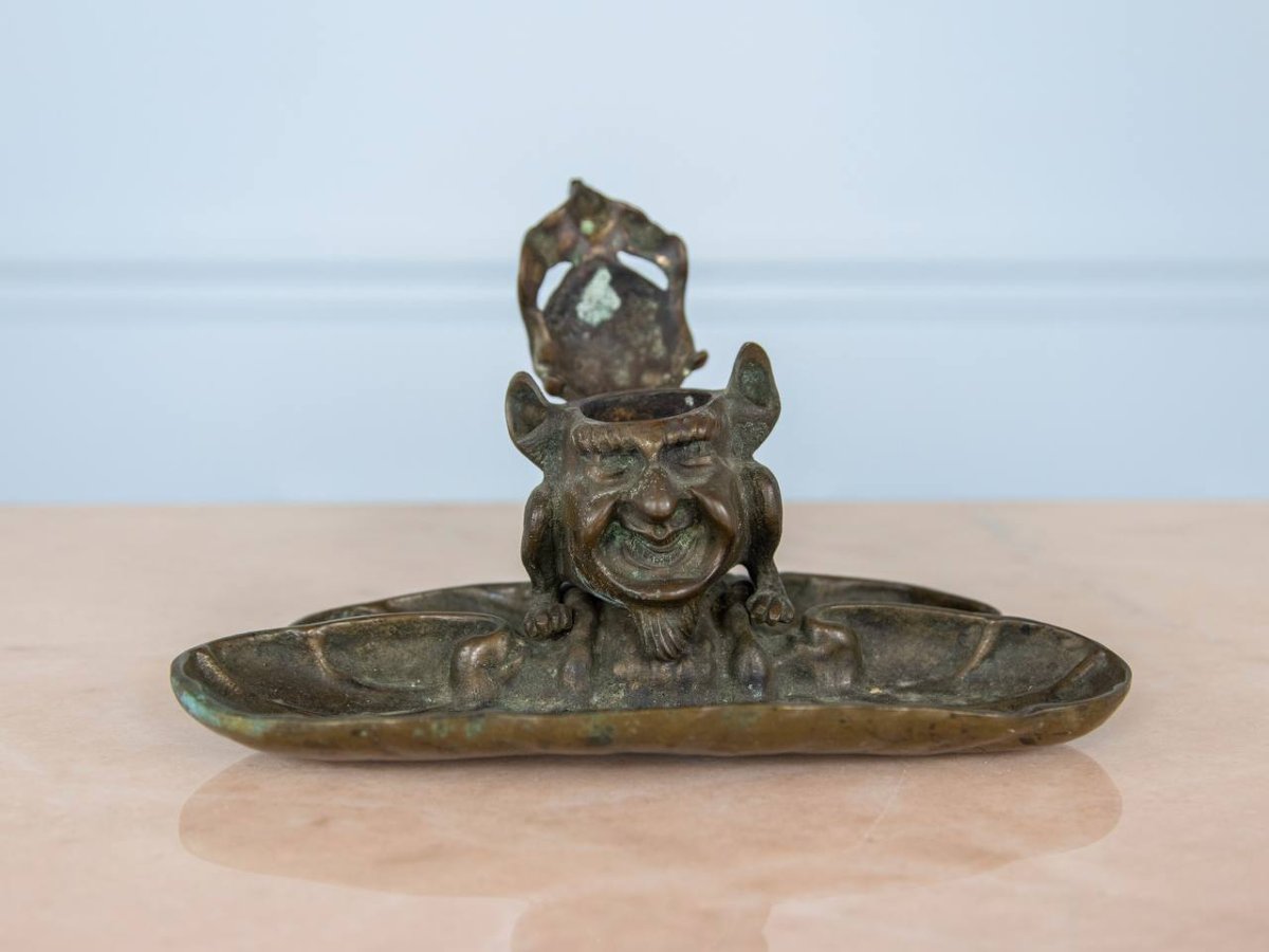 Encrier De Bureau En Bronze , Sculpture Gothique, Diable, Gobelin, Gargouille-photo-3
