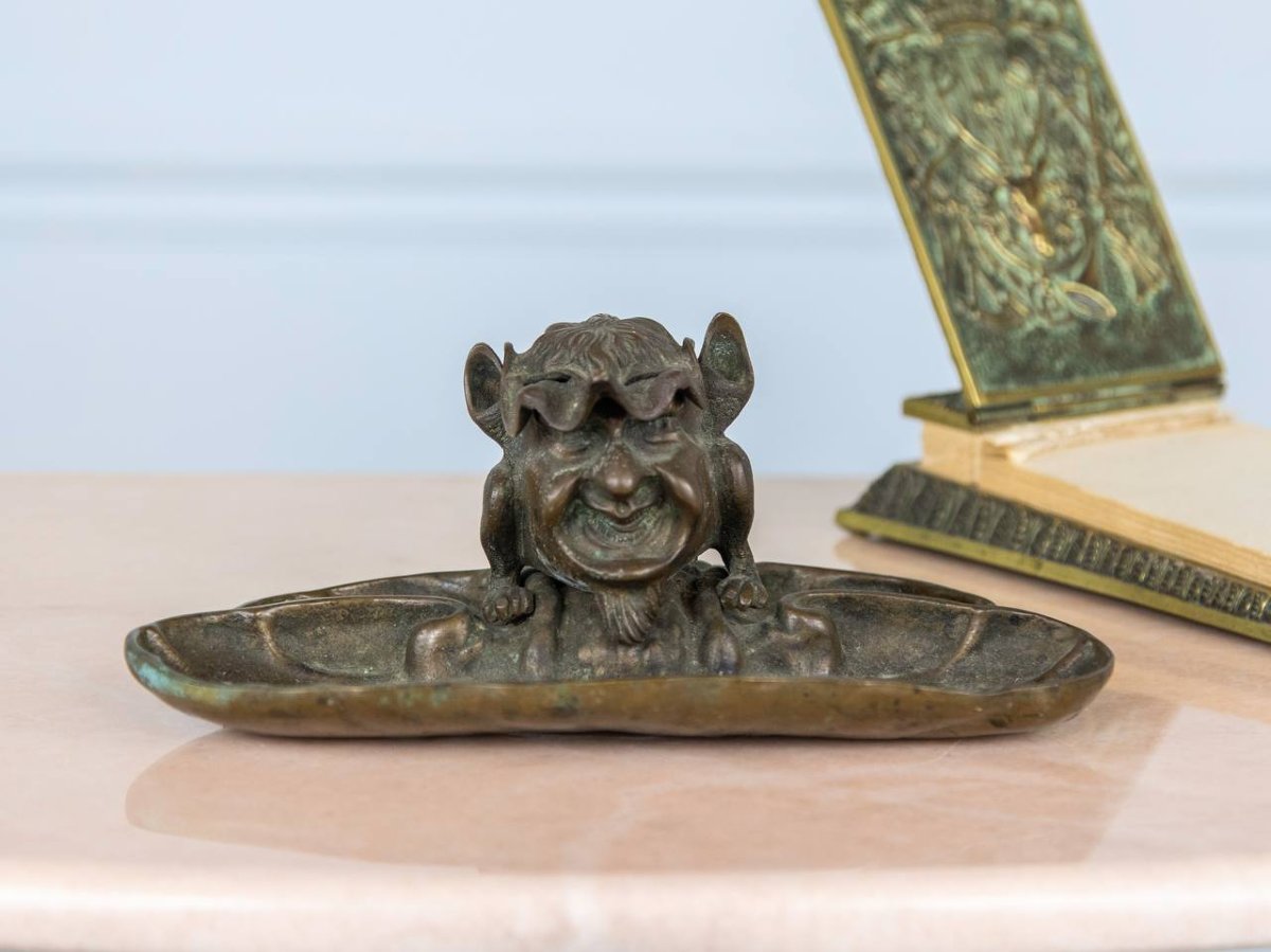 Encrier De Bureau En Bronze , Sculpture Gothique, Diable, Gobelin, Gargouille-photo-1