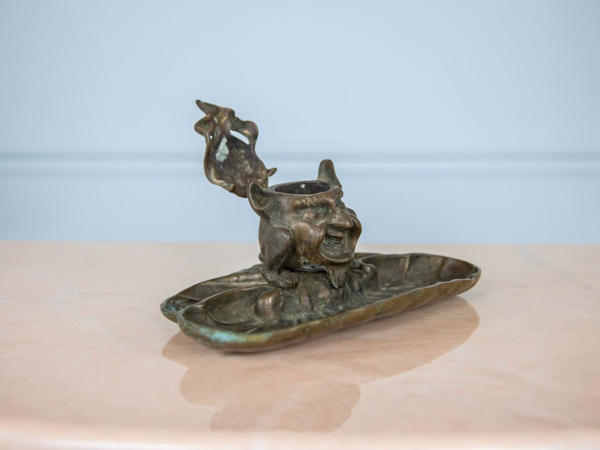 Encrier De Bureau En Bronze , Sculpture Gothique, Diable, Gobelin, Gargouille-photo-4