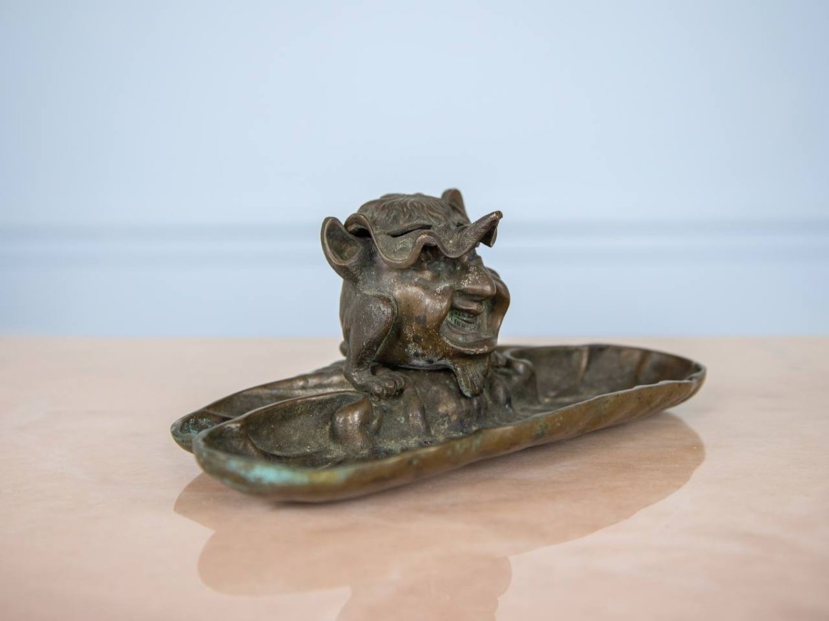 Encrier De Bureau En Bronze , Sculpture Gothique, Diable, Gobelin, Gargouille-photo-5