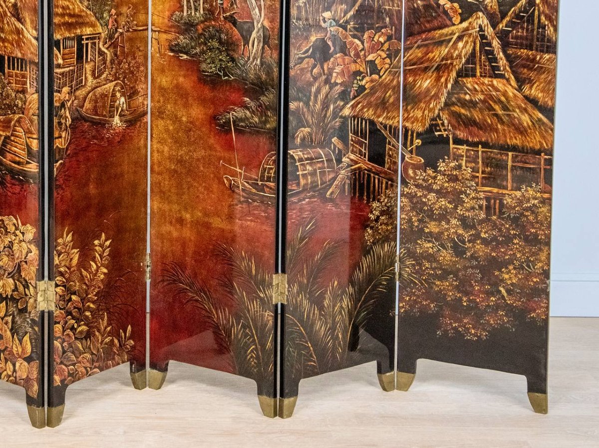 Double-sided Screen, Coromandel With Fishing Village Decoration With Mother-of-pearl Inlays-photo-2