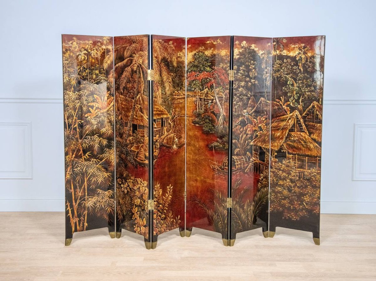 Double-sided Screen, Coromandel With Fishing Village Decoration With Mother-of-pearl Inlays