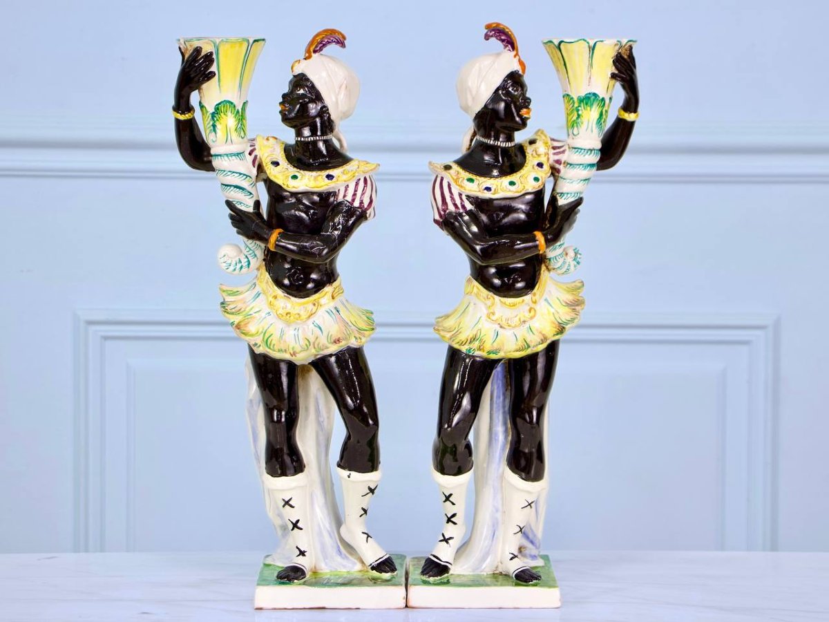 Paire de chandeliers vénitienne en porcelaine italienne Blackamoor années 1950-photo-4
