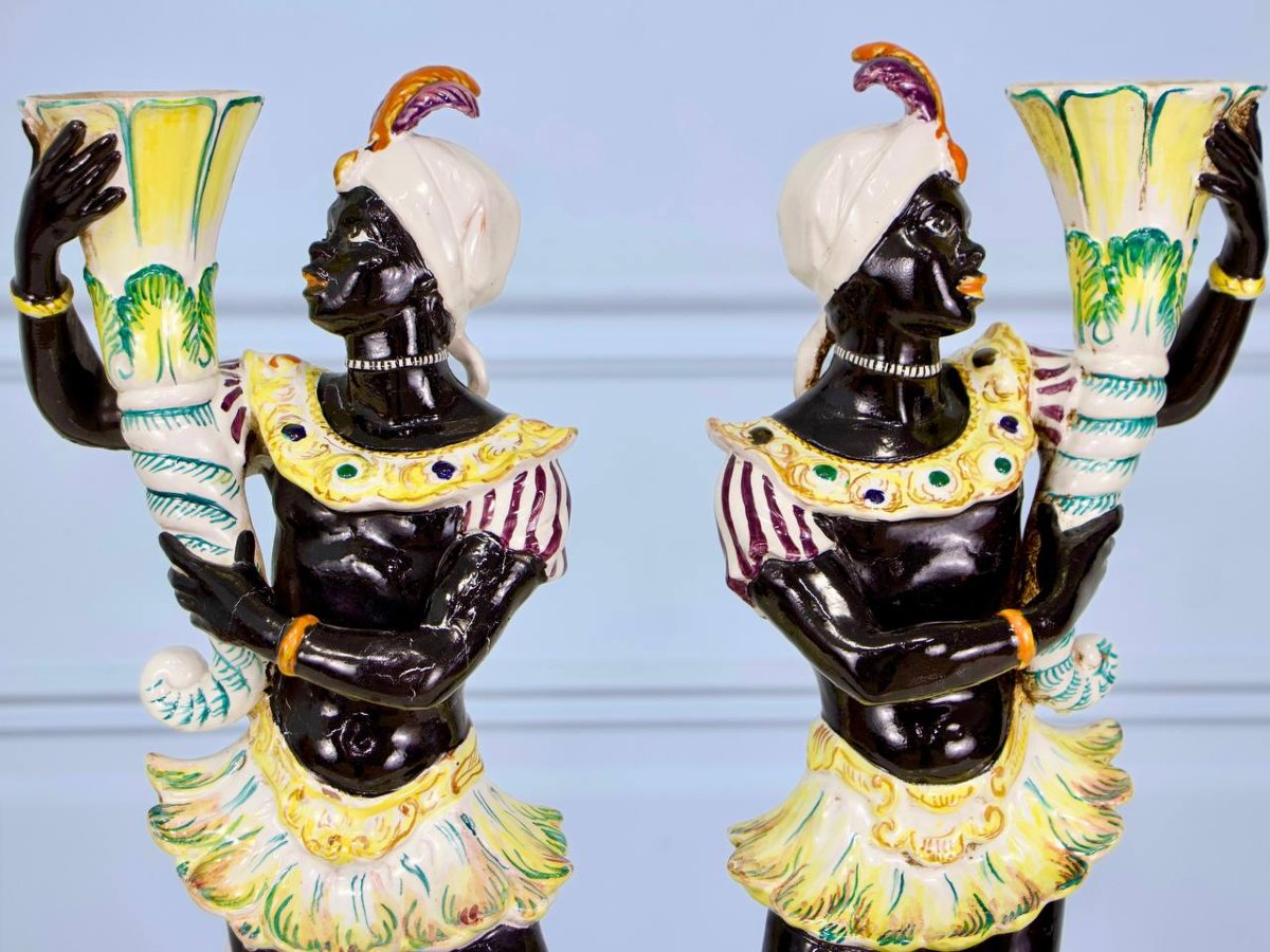 Paire de chandeliers vénitienne en porcelaine italienne Blackamoor années 1950-photo-1