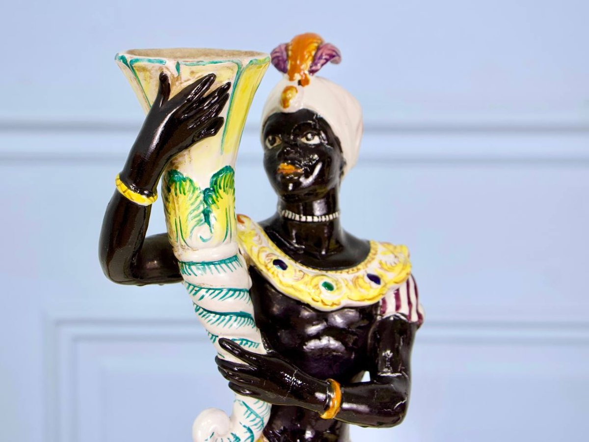 Paire de chandeliers vénitienne en porcelaine italienne Blackamoor années 1950-photo-2