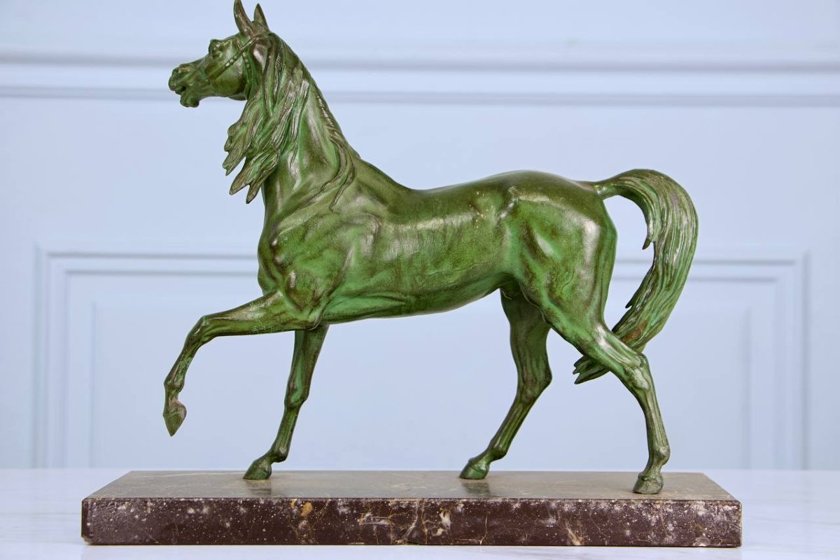 Horse In Patinated Spelter On Marble "arabian Stallion" Or "pur-sang".-photo-3