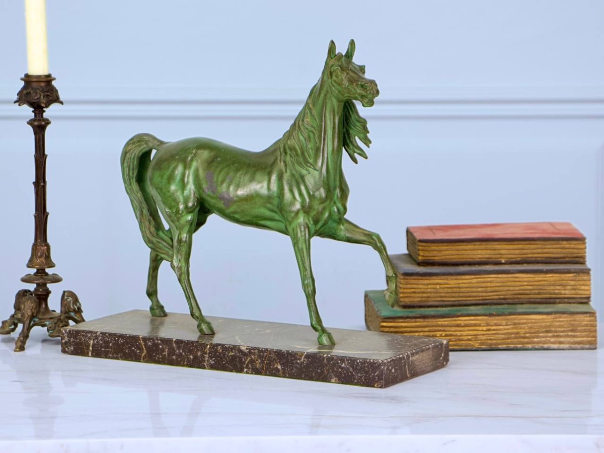 Horse In Patinated Spelter On Marble "arabian Stallion" Or "pur-sang".