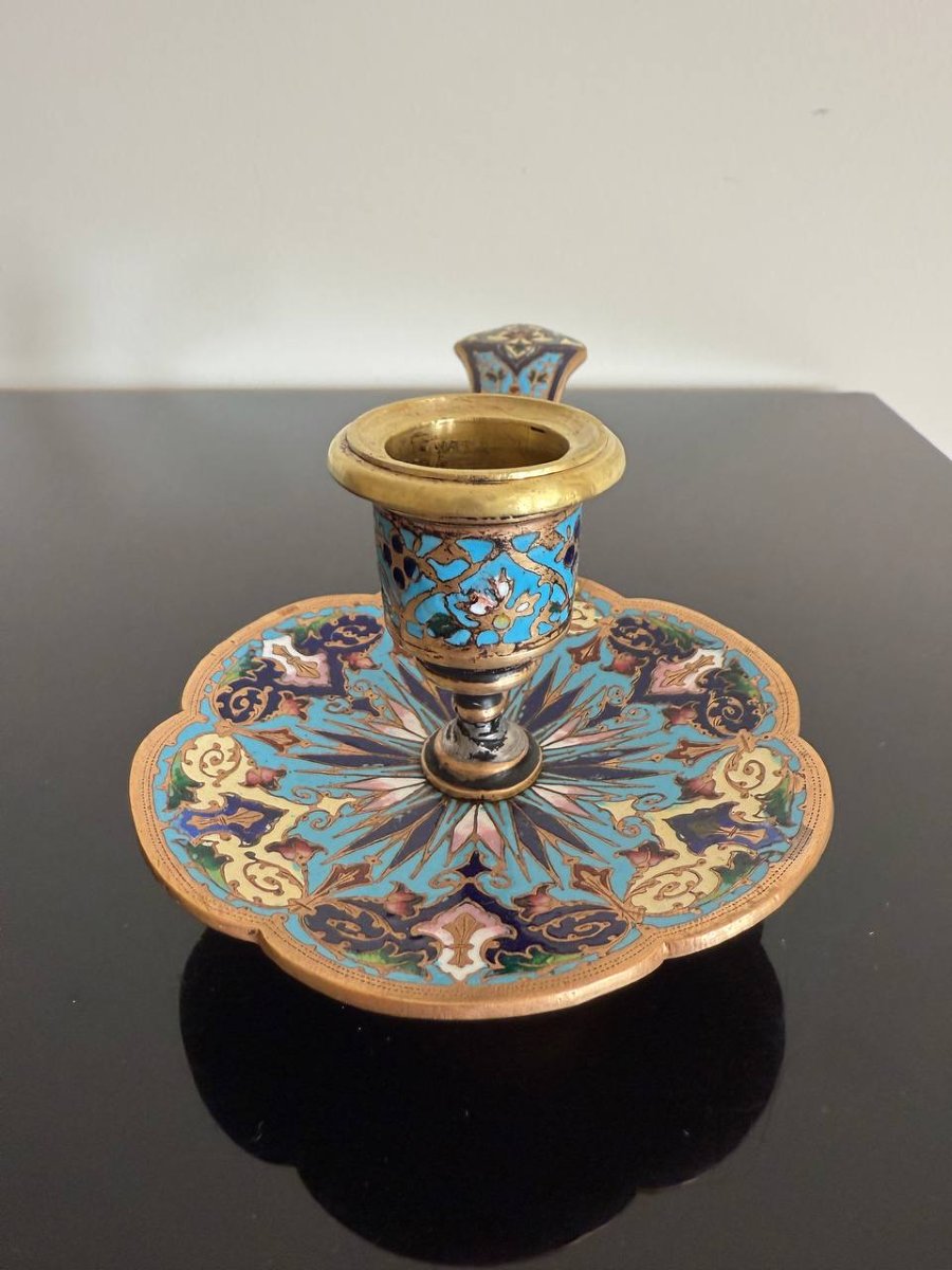 Bougeoir émaux Cloisonné Bronze époque Napoléon III-photo-4