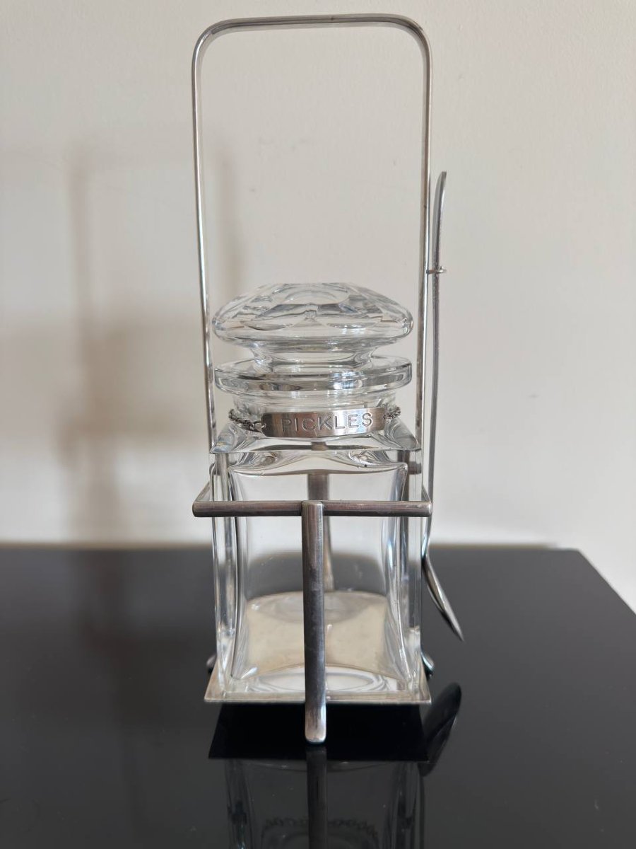 Art Deco Servant, Baccarat Crystal Jar, Chrome-plated Metal-photo-2