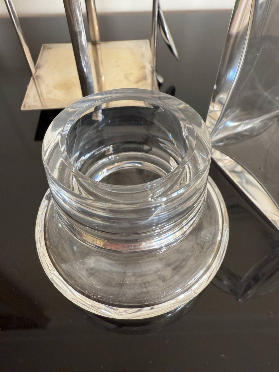Art Deco Servant, Baccarat Crystal Jar, Chrome-plated Metal-photo-1