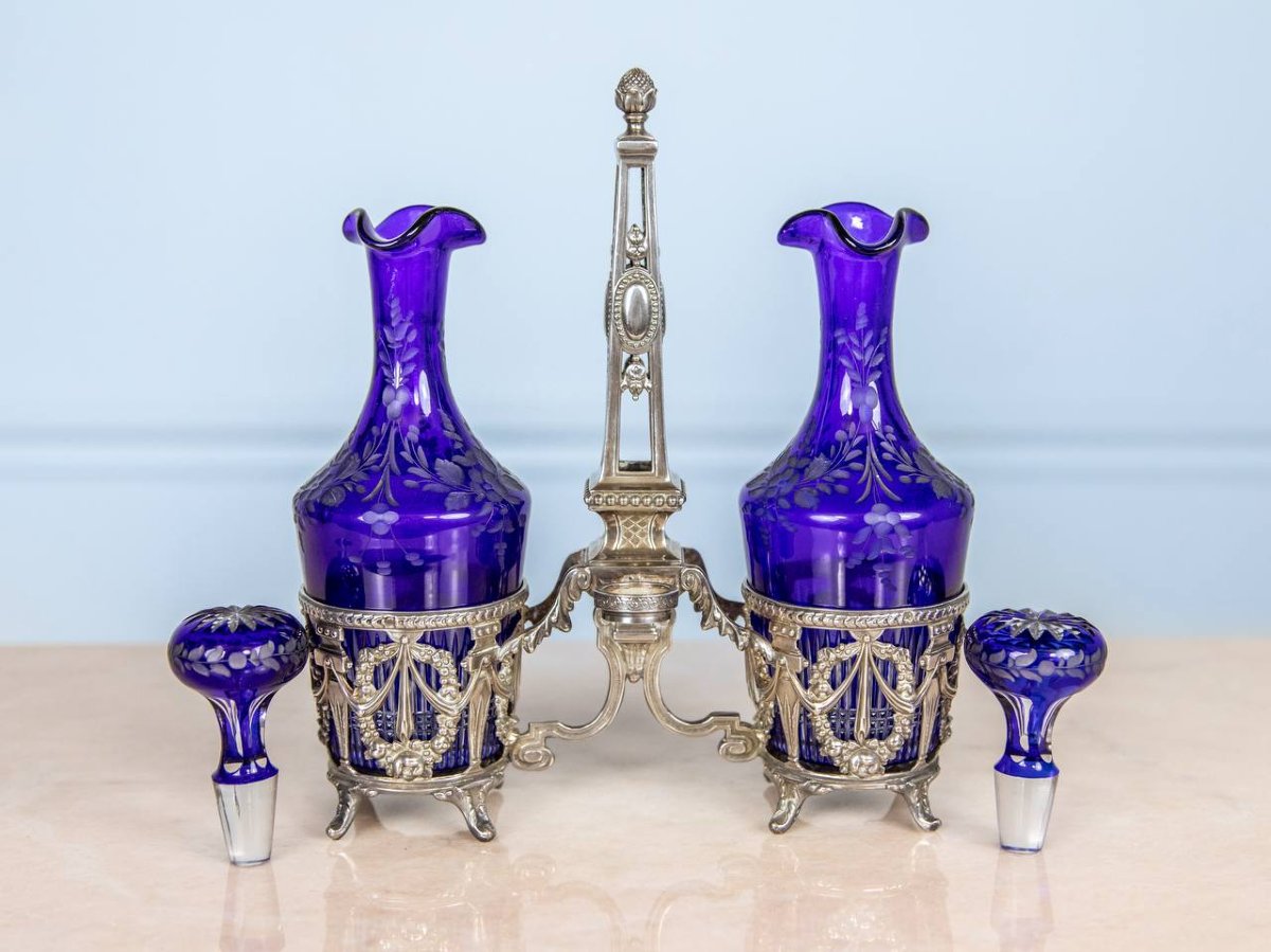 Cruet Or Oil-vinegar Cruet In Cobalt Blue Crystal And Solid Silver Setting-photo-2