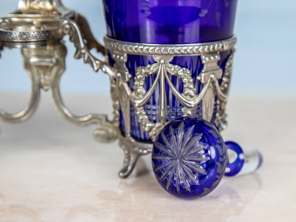 Cruet Or Oil-vinegar Cruet In Cobalt Blue Crystal And Solid Silver Setting-photo-2