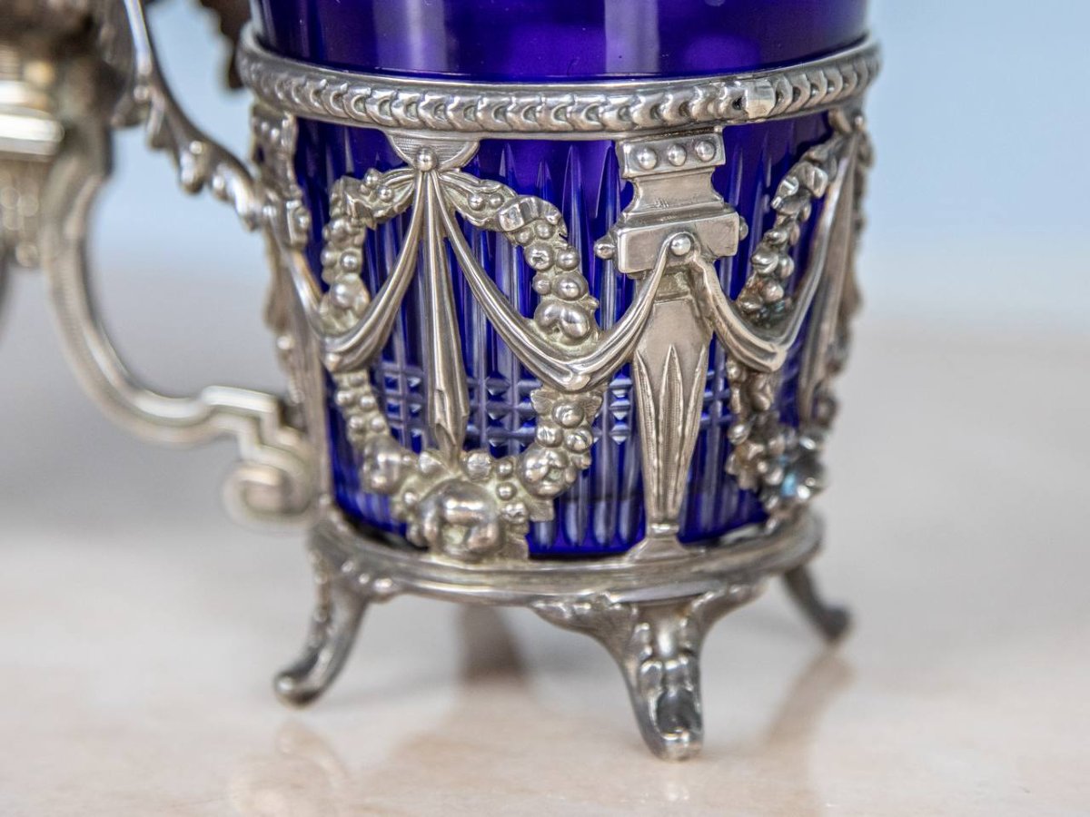 Cruet Or Oil-vinegar Cruet In Cobalt Blue Crystal And Solid Silver Setting-photo-4