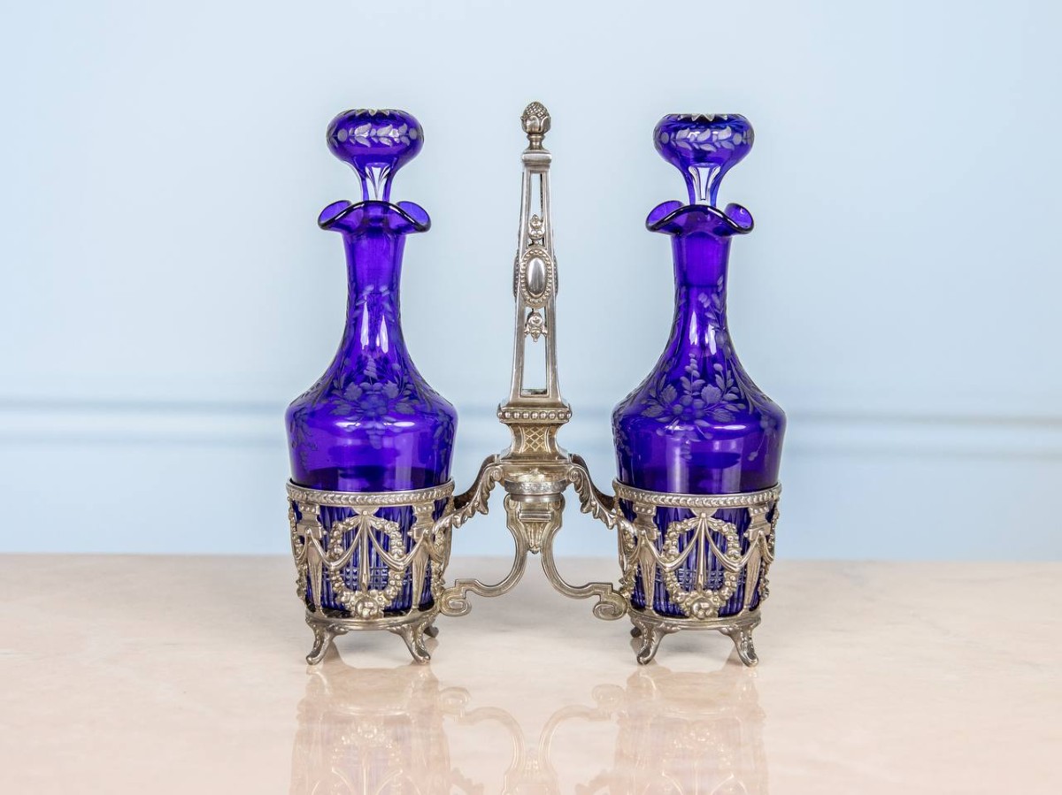 Cruet Or Oil-vinegar Cruet In Cobalt Blue Crystal And Solid Silver Setting