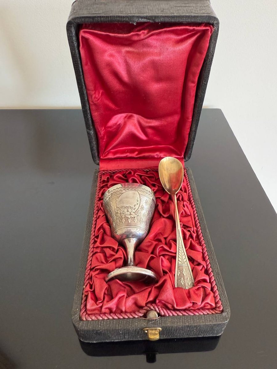 Silver Breakfast Or Christening Set: Egg Cup And Egg Spoon-photo-3