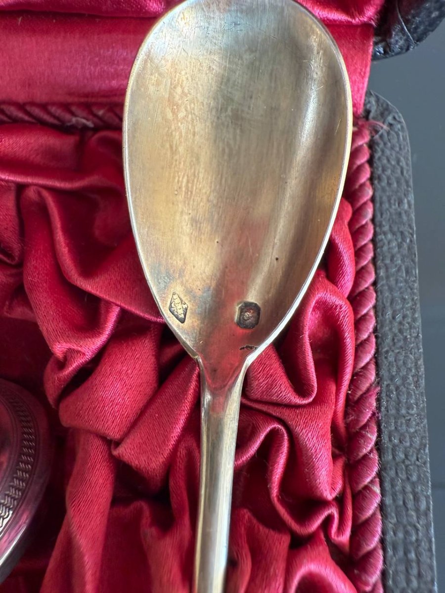 Silver Breakfast Or Christening Set: Egg Cup And Egg Spoon-photo-4