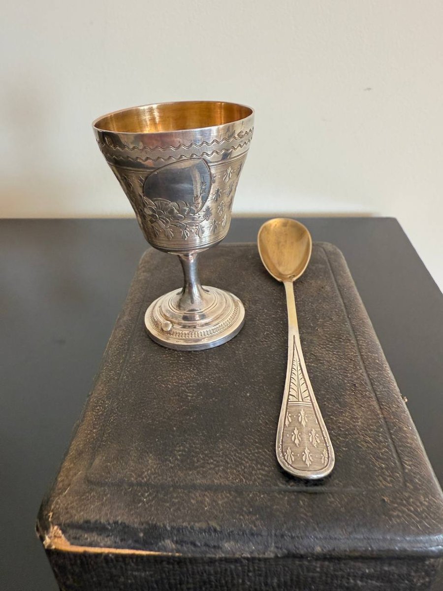 Silver Breakfast Or Christening Set: Egg Cup And Egg Spoon-photo-1