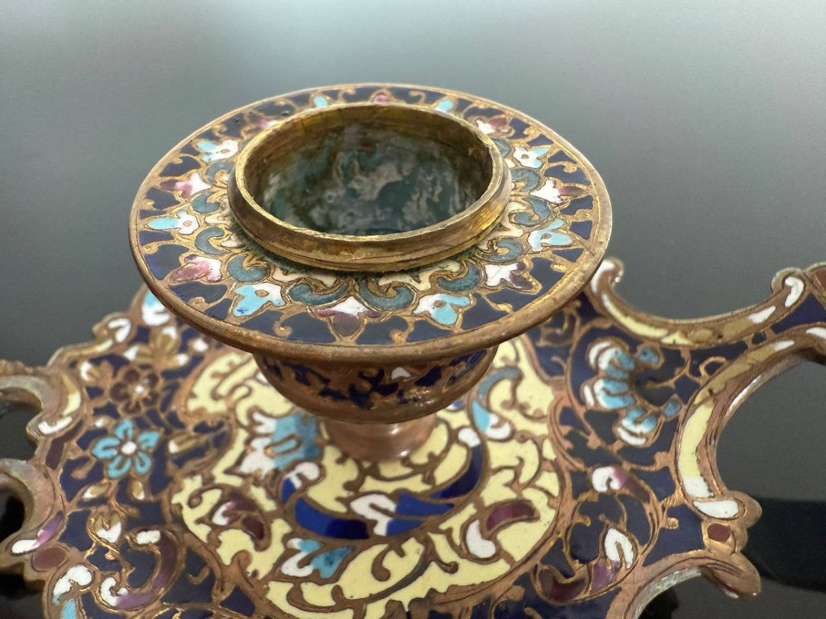Bronze And Cloisonné Enamel Hand Candlestick-photo-4