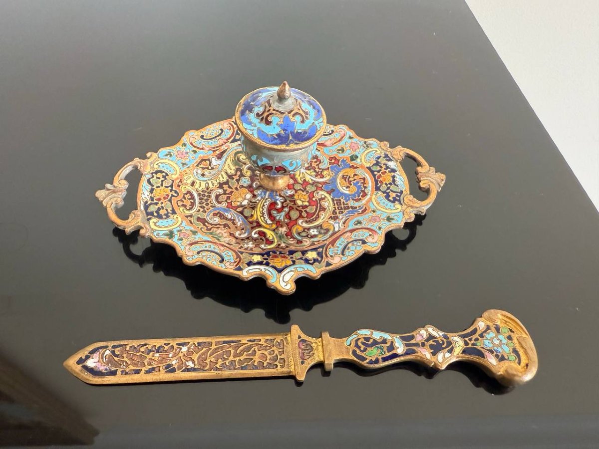 Cloisonné Bronze Inkwell And Letter Opener-photo-2