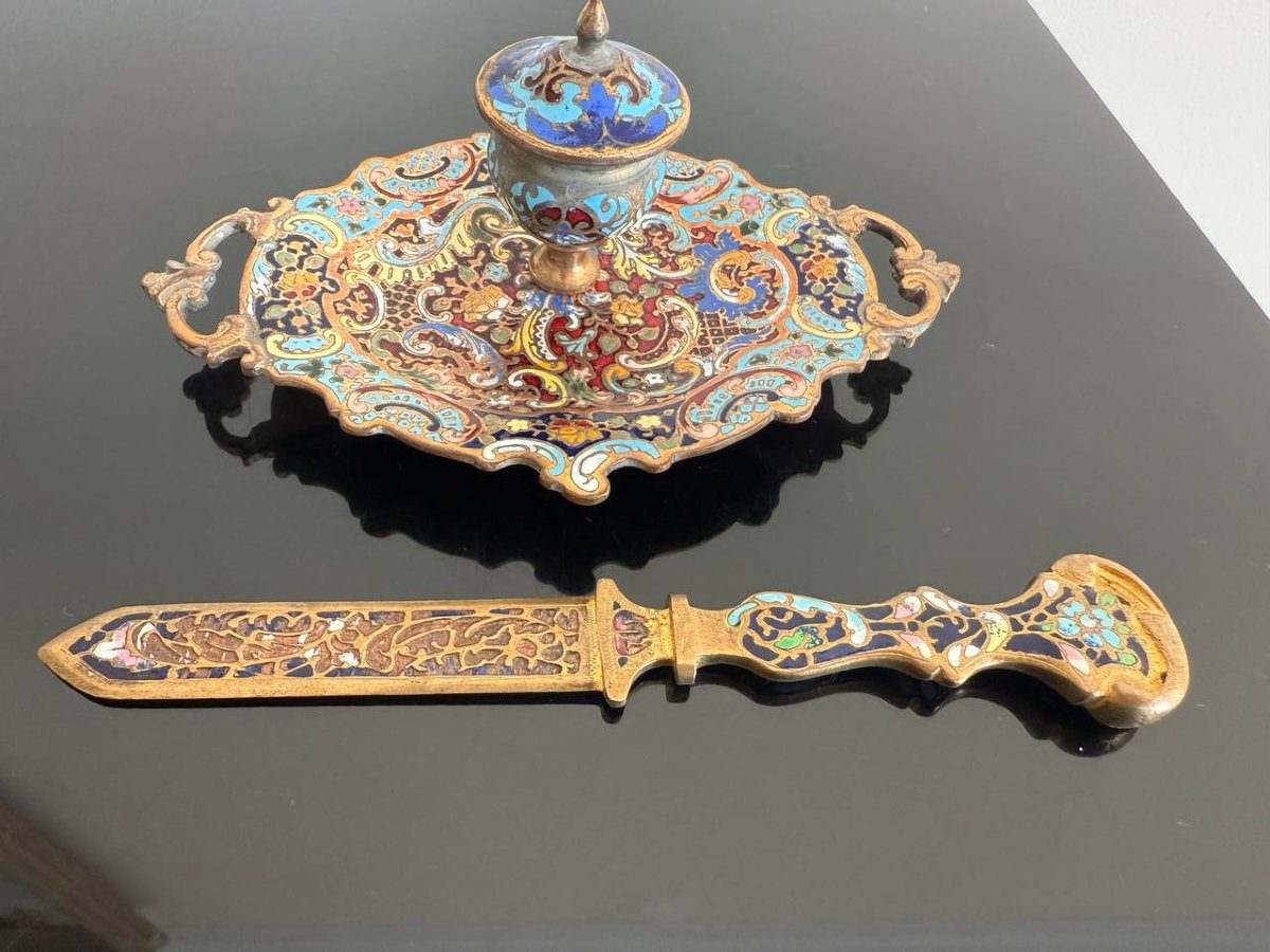 Cloisonné Bronze Inkwell And Letter Opener-photo-5