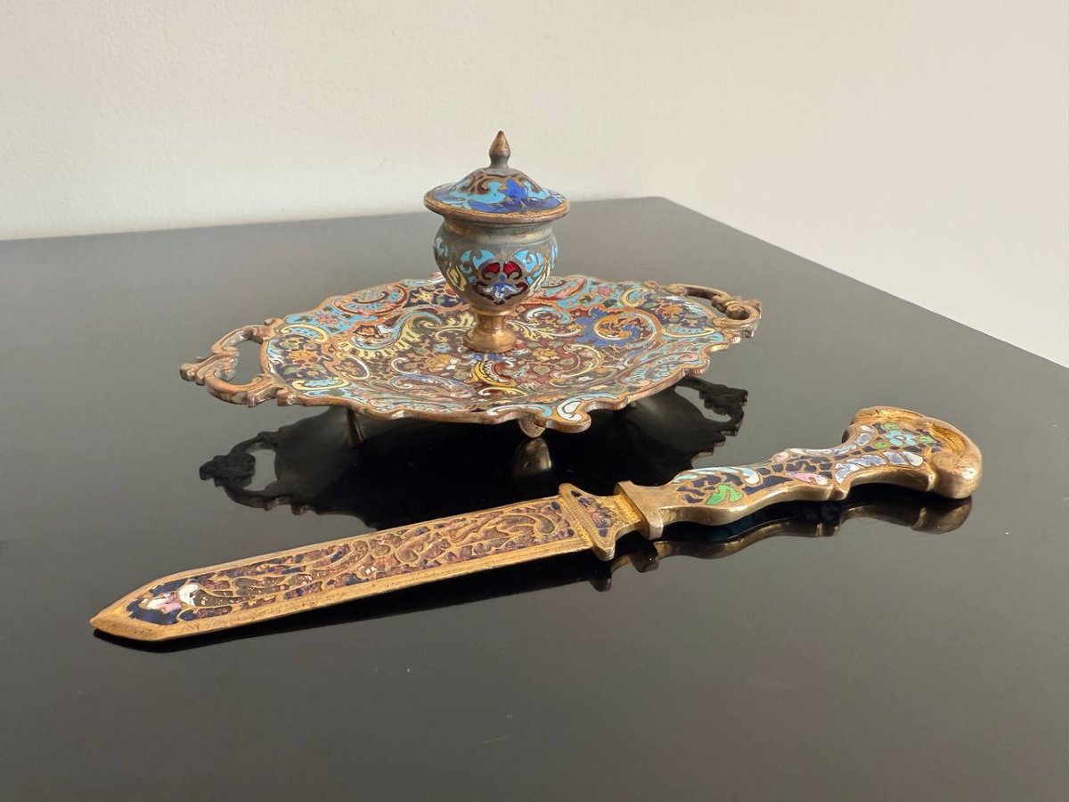 Cloisonné Bronze Inkwell And Letter Opener-photo-7