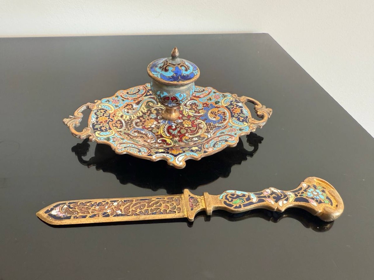 Cloisonné Bronze Inkwell And Letter Opener