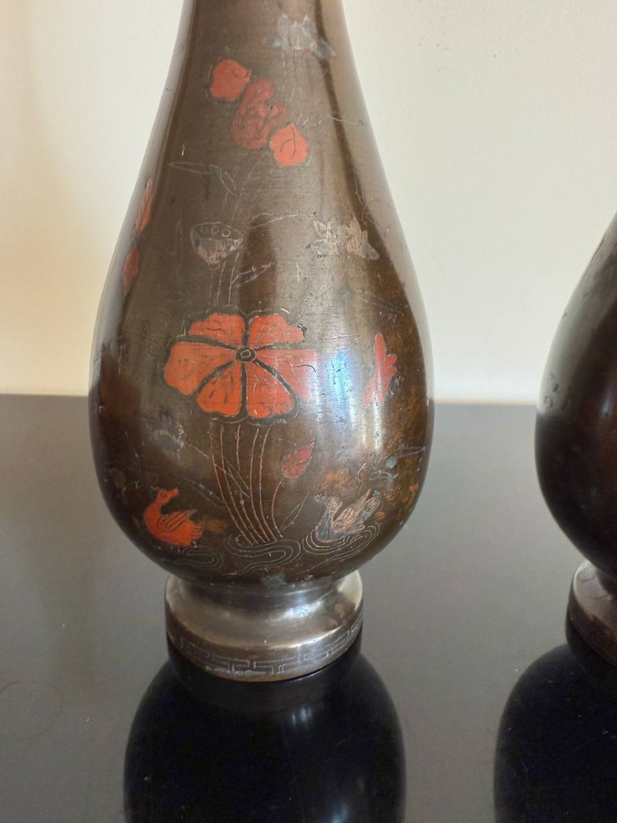 Pair Of Pear-shaped Bronze Vases With Soft Metal Inlay Vietnam / Indochina-photo-3