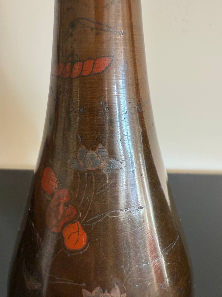 Pair Of Pear-shaped Bronze Vases With Soft Metal Inlay Vietnam / Indochina-photo-2