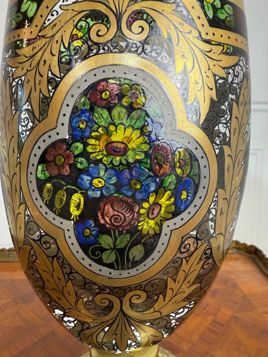 Hermann Pautsch Pour Julius Mühlhaus (1867-1945) Vase Décor émaillé Verre De Bohême-photo-3