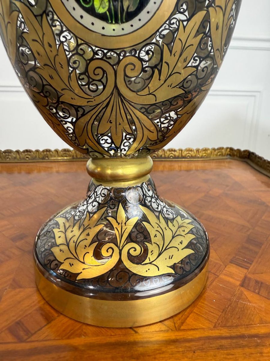 Hermann Pautsch Pour Julius Mühlhaus (1867-1945) Vase Décor émaillé Verre De Bohême-photo-4