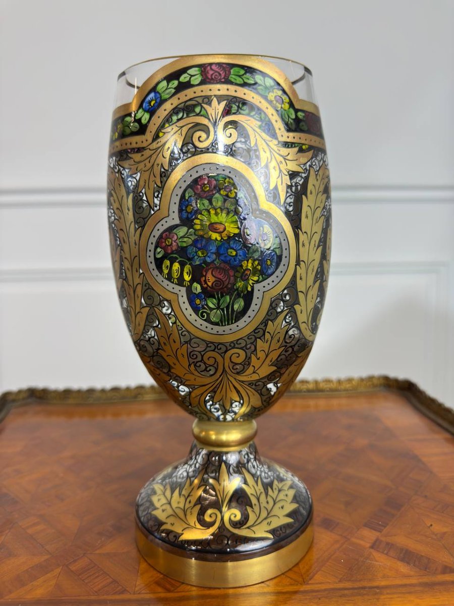 Hermann Pautsch Pour Julius Mühlhaus (1867-1945) Vase Décor émaillé Verre De Bohême-photo-3