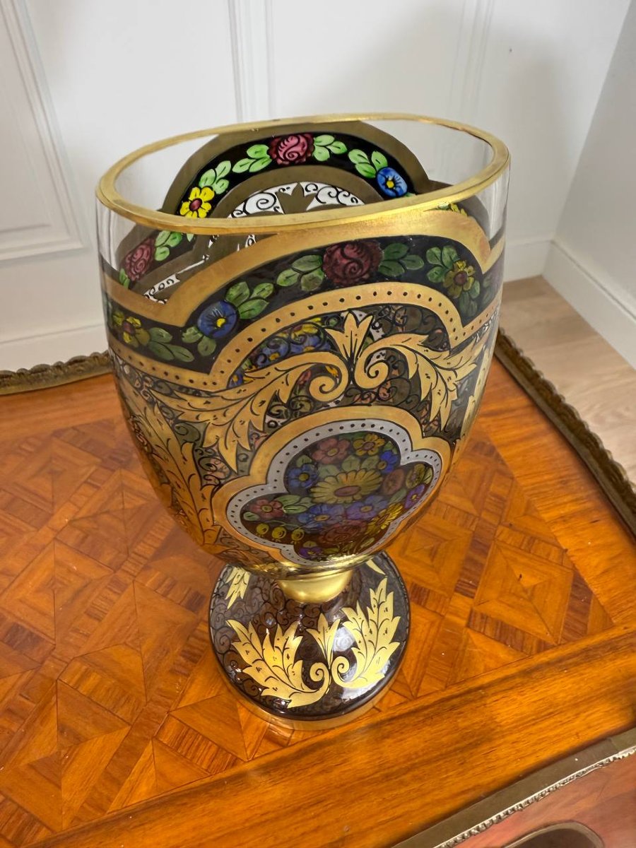 Hermann Pautsch Pour Julius Mühlhaus (1867-1945) Vase Décor émaillé Verre De Bohême-photo-6