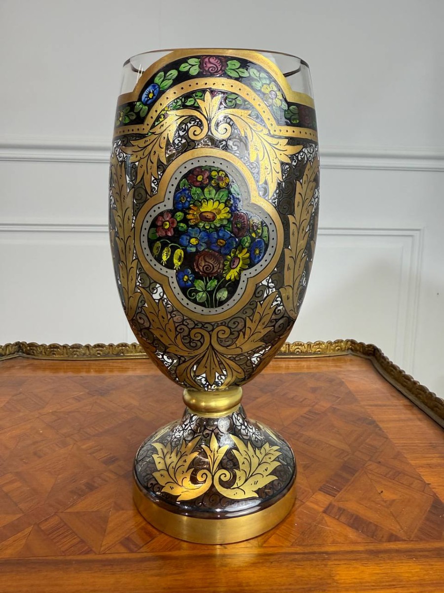 Hermann Pautsch Pour Julius Mühlhaus (1867-1945) Vase Décor émaillé Verre De Bohême