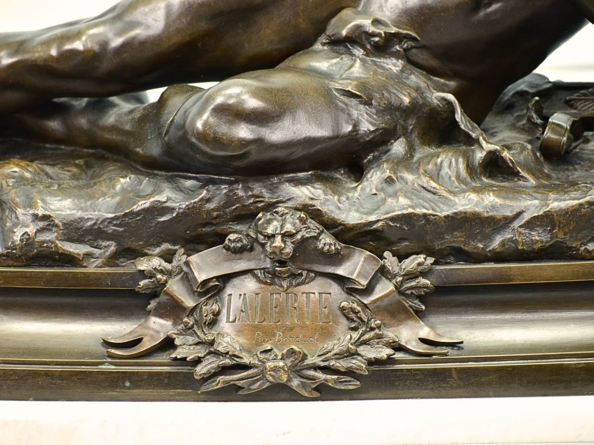 Léon BONDUEL (1857-1928) «L’Alerte» Sculpture en bronze ciselé et patiné-photo-1